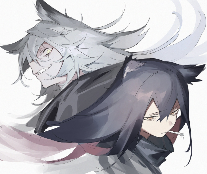 2girls amrkdrw animal_ears arknights bags_under_eyes black_hair cigarette clenched_teeth grey_hair highres lappland_(arknights) long_hair multiple_girls orange_eyes portrait scar scar_across_eye sharp_teeth simple_background teeth texas_(arknights) white_background wolf_ears yellow_eyes