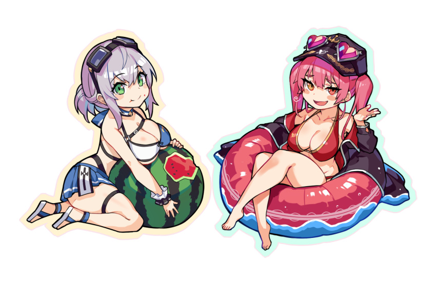 2girls :d alternate_costume baseball_cap bikini blush breasts collarbone commentary_request eating food food_in_mouth food_on_face fruit goggles goggles_on_head green_eyes hat heterochromia hololive houshou_marine innertube kakage large_breasts looking_at_viewer multiple_girls off-shoulder_coat open_mouth ponytail red_bikini red_eyes redhead scrunchie shirogane_noel short_hair short_ponytail silver_hair simple_background smile swimsuit thigh_strap twintails two-tone_bikini virtual_youtuber watermelon white_background wrist_scrunchie yellow_eyes