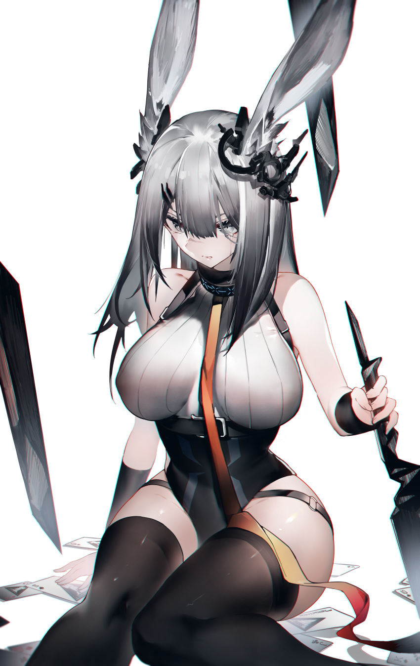 1girl absurdres animal_ears arknights bangs bare_shoulders black_legwear breasts choker cosplay facial_scar floating_weapon frostnova_(arknights) greythroat_(arknights) greythroat_(arknights)_(cosplay) hair_ornament hairclip highres holding holding_weapon large_breasts leotard long_hair looking_at_viewer nose_scar rabbit_ears scar silver_hair sitting solo tearing_up thigh-highs weapon zipplin