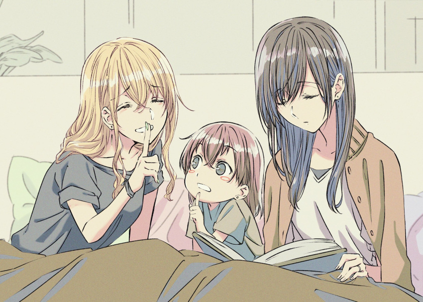 3girls aihara_mei aihara_yuzu bed black_hair blanket blonde_hair blush_stickers book check_commentary child citrus_(saburouta) closed_eyes commentary_request couple family female_child finger_to_mouth glidesloe green_eyes green_nails highres if_they_mated incest index_finger_raised mother_and_daughter multiple_girls pillow purple_eyes shushing sleeping step-siblings toddler wife_and_wife yuri