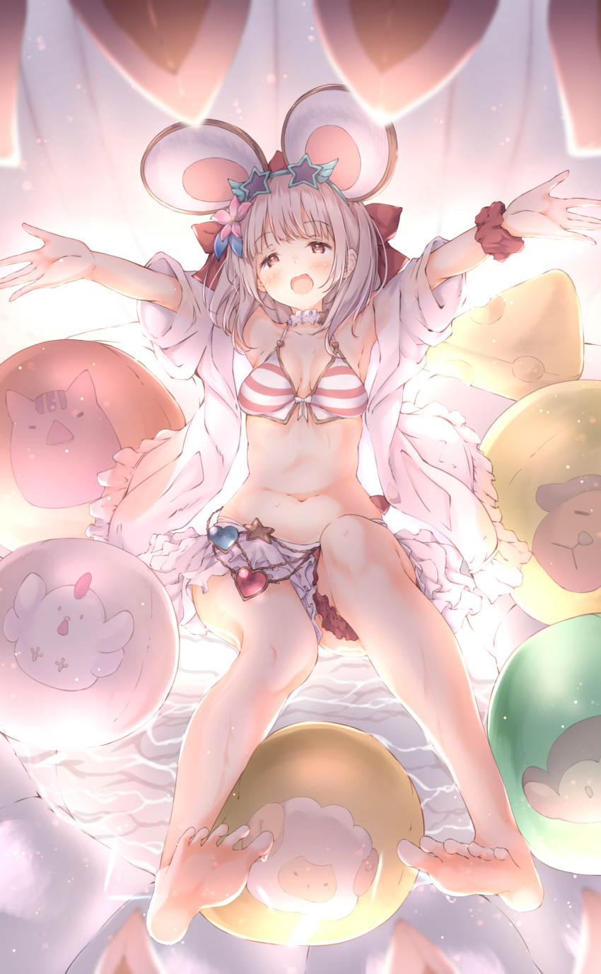 1girl absurdres animal_ears balloon_fight bow eyebrows_visible_through_hair fake_animal_ears flower granblue_fantasy hair_flower hair_ornament highres mouse_ears open_mouth red_eyes skirt soles star-shaped_eyewear swimsuit ukiwakisen vikala_(granblue_fantasy) white_hair white_skirt