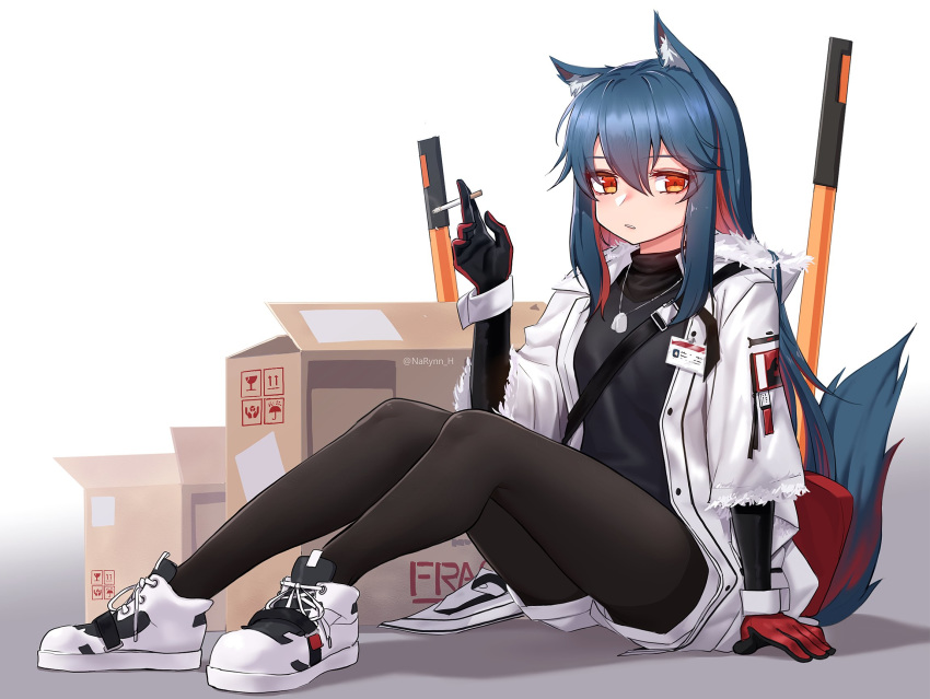 1girl animal_ears arknights blue_hair box cigarette dog_tags gloves hair_between_eyes highres holding holding_cigarette jacket long_hair looking_at_viewer narynn orange_eyes pantyhose shoes simple_background sitting solo tail texas_(arknights) white_background
