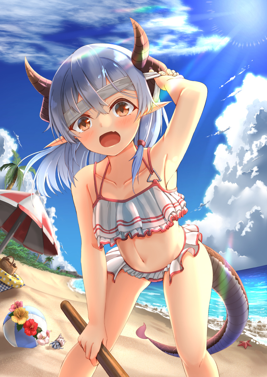 1girl absurdres armpits bag ball bare_arms bare_shoulders beach_umbrella beachball bikini blindfold blindfold_lift blue_sky brown_eyes clouds collarbone commentary_request conch curled_horns day dragon_girl dragon_horns dragon_tail fanmianjun flower flower_wreath frilled_bikini frills highres holding horizon horns innertube leaning_forward lifted_by_self long_hair looking_at_viewer navel nyoon ocean open_mouth original outdoors palm_tree pink_flower pointy_ears red_flower silver_hair sky solo standing starfish swimsuit tail tree triangle_ring umbrella water white_bikini white_flower yellow_flower
