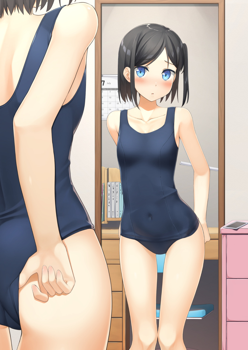 1girl absurdres adjusting_clothes adjusting_swimsuit apollo_(hu_maple) black_hair blue_eyes blue_swimsuit bookshelf breasts collarbone commentary_request cowboy_shot desk highres looking_at_mirror mirror one_side_up original reflection school_swimsuit small_breasts solo standing swimsuit