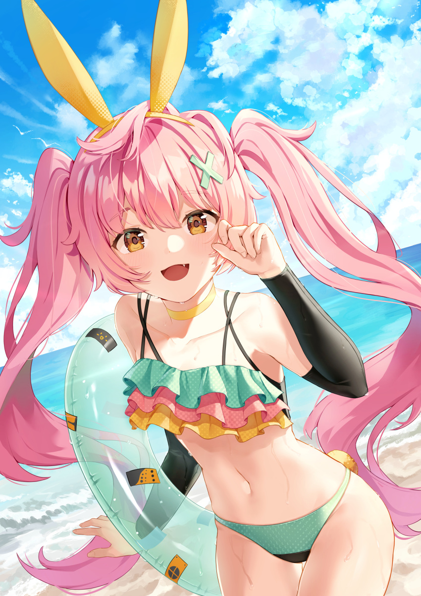 1girl absurdres bangs blue_oath blush clouds collarbone commentary_request day eyelashes fang hairband hand_up highres innertube long_hair looking_at_viewer navel open_mouth orange_eyes outdoors pink_hair shore shubee sky solo swimsuit tongue twintails water wet yellow_hairband yuudachi_(blue_oath)
