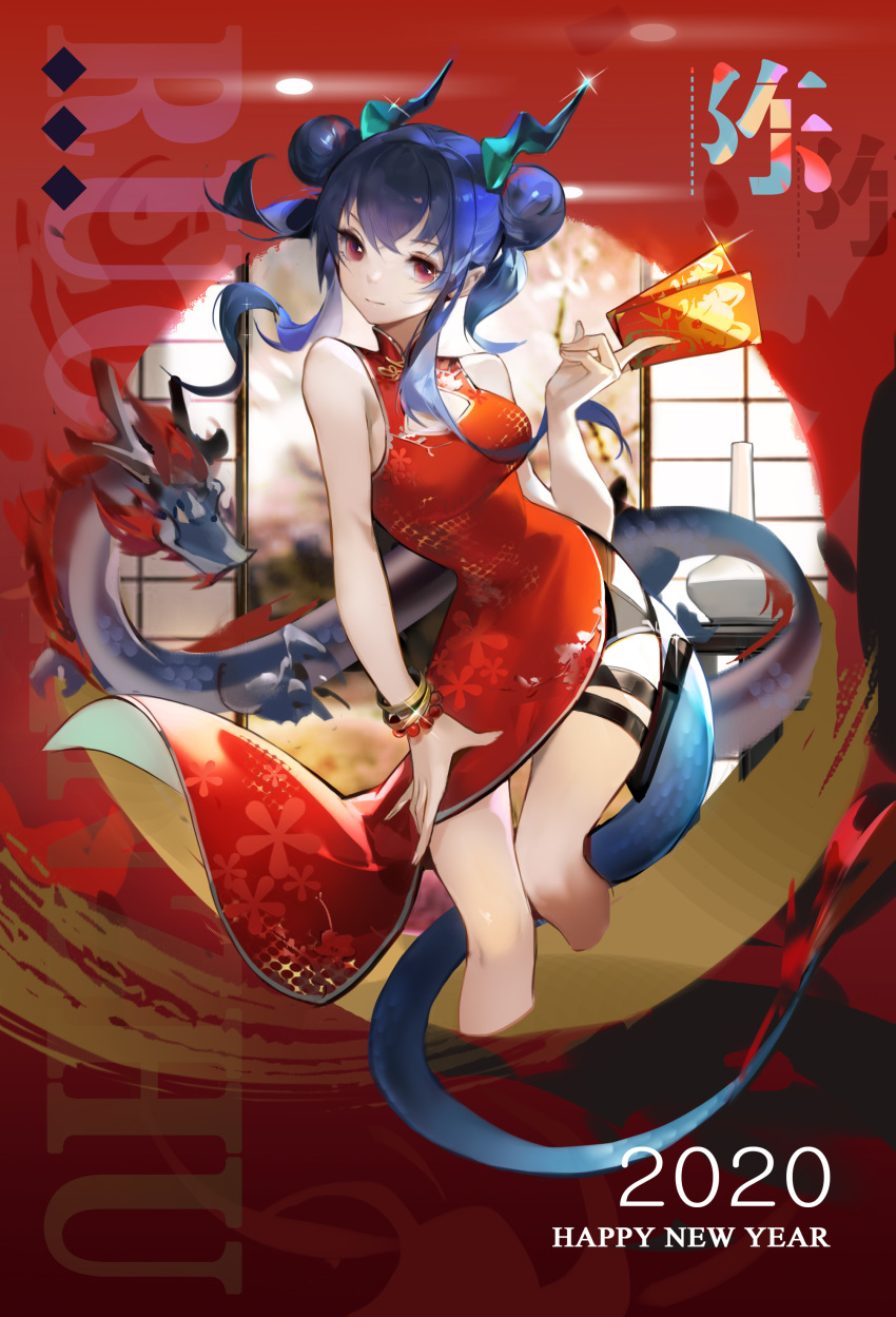 1girl 2020 absurdres arknights bangs bare_arms bare_shoulders bead_bracelet beads black_shorts blue_hair bracelet breasts ch'en_(arknights) character_name china_dress chinese_clothes claw_(rjtd7274) cleavage_cutout commentary cropped_legs double_bun dragon_horns dragon_tail dress hand_up happy_new_year highres holding horns jewelry long_hair looking_at_viewer medium_breasts new_year pelvic_curtain red_background red_dress red_eyes short_shorts shorts side_slit sidelocks sleeveless sleeveless_dress smile solo tail thigh_strap thighs translated