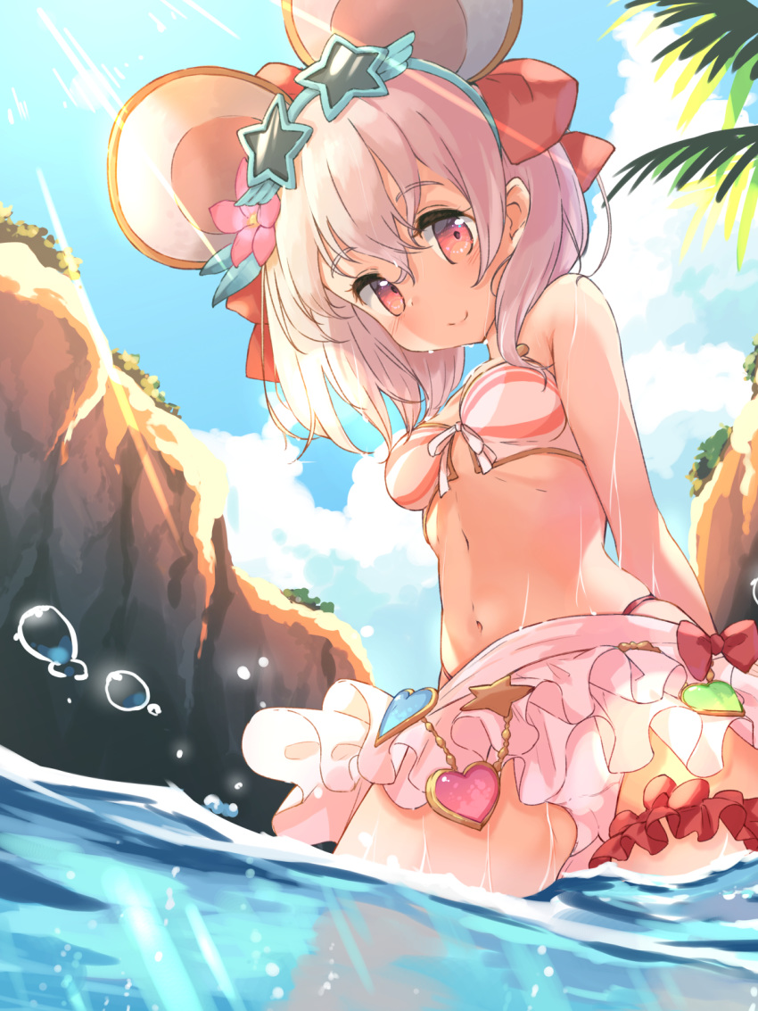 1girl animal_ears bow eyebrows_visible_through_hair fake_animal_ears flower granblue_fantasy hair_flower hair_ornament hasmile highres ir_ornament keeha_(mxkp5588) looking_at_viewer mouse_ears ocean open_mouth red_eyes skirt star-shaped_eyewear summer swimsuit thigh_strap thighs vikala_(granblue_fantasy) white_hair white_skirt