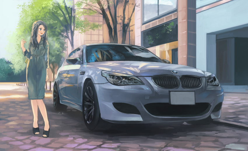 black_hair blue_eyes bmw car dress green_dress ground_vehicle highres looking_to_the_side momo_hiki motor_vehicle open_mouth original personification tree vehicle_focus