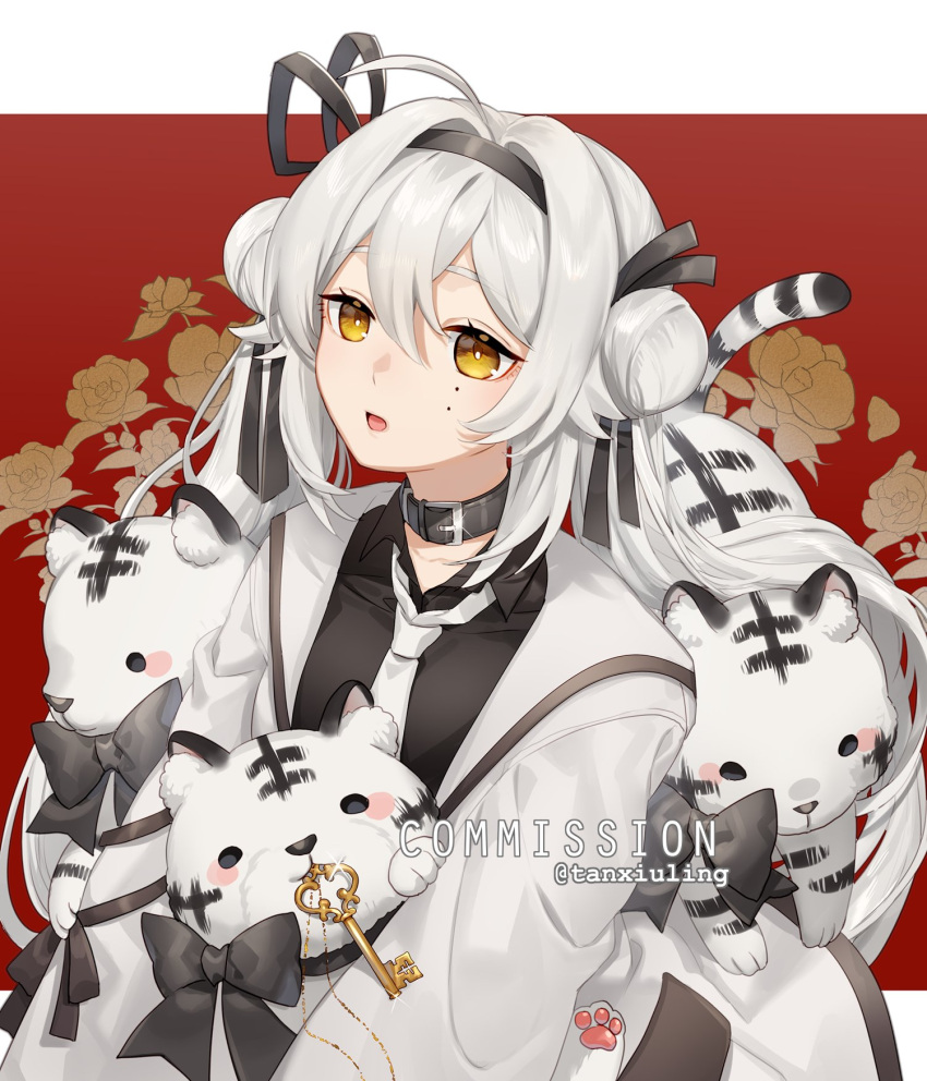 1girl black_bow black_skirt bow commission double_bun floral_print formal grey_hair hair_between_eyes hairband highres jewelry key kumashige looking_at_viewer mole mole_under_eye necklace open_mouth red_background sidelocks skirt solo suit tiger white_hair white_neckwear white_tiger yellow_eyes