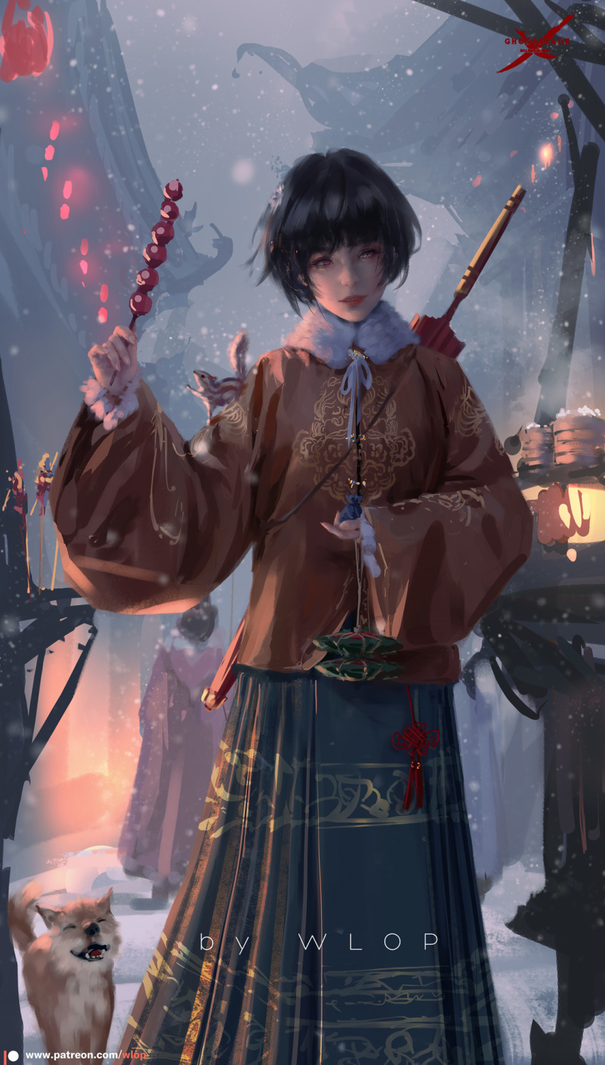 1girl 1other architecture bangs black_hair blunt_bangs brown_eyes building chipmunk dog east_asian_architecture facing_viewer fur_collar ghostblade highres lips long_skirt short_hair skirt solo_focus squirrel wlop