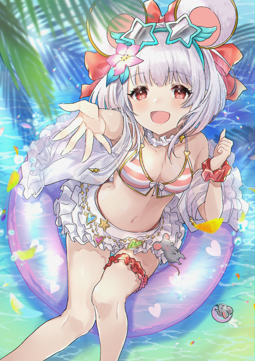 1girl absurdres animal_ears bow eyebrows_visible_through_hair fake_animal_ears floating flower granblue_fantasy hachako hair_flower hair_ornament highres huge_filesize lifebuoy looking_at_viewer mouse_ears open_mouth outstretched_arm outstretched_hand red_eyes short_hair skirt smile solo star-shaped_eyewear swimsuit thigh_strap vikala_(granblue_fantasy) white_hair white_skirt