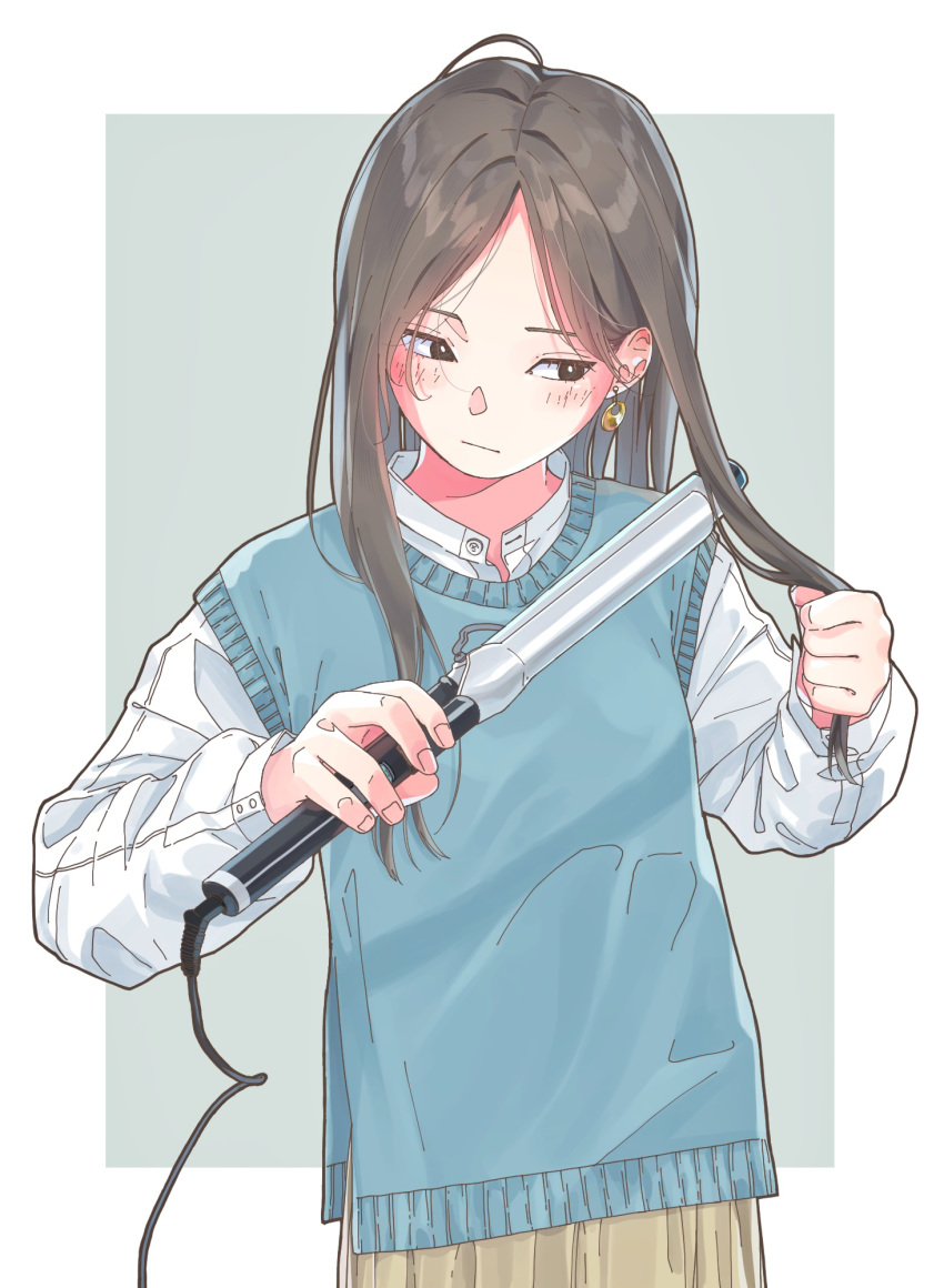 1girl brown_eyes brown_hair earrings hair_straightener hairdressing hami_yura highres jewelry long_hair looking_to_the_side original rectangle shirt simple_background solo sweater_vest
