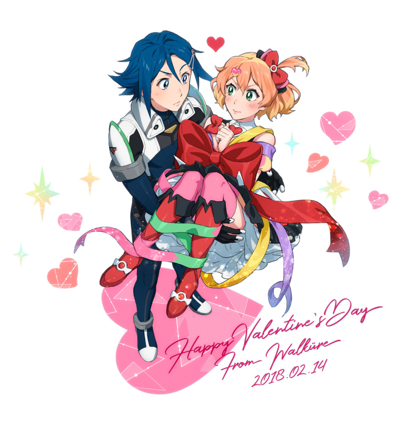 1boy 1girl 2018 black_bow blonde_hair blue_eyes blue_hair blush boots bow brown_hair carrying closed_mouth couple eye_contact freyja_wion full_body green_eyes hair_between_eyes hair_bow hair_ornament happy_valentine hayate_immelmann heart heart_hair_ornament highres knee_boots looking_at_another macross macross_delta mosako multicolored_hair one_side_up pilot_suit pink_bow pink_legwear princess_carry red_bow red_footwear shiny shiny_hair short_hair standing thigh-highs two-tone_hair white_background