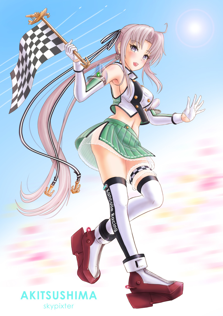 1girl absurdres adapted_costume ahoge akitsushima_(kantai_collection) character_name checkered checkered_flag commentary_request flag full_body green_skirt hair_ribbon highres kantai_collection long_hair looking_at_viewer midriff pleated_skirt purple_hair racequeen ribbon rudder_footwear side_ponytail sidelocks skirt skypixter solo thigh-highs underskirt violet_eyes white_legwear