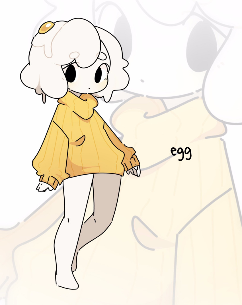1girl bare_legs barefoot black_eyes dripping egg egg_(lemyawn) expressionless eyebrows_visible_through_hair full_body highres lemyawn long_sleeves looking_at_viewer medium_hair monster_girl orange_sweater original sleeves_past_wrists slime_girl solo sunny_side_up_egg sweater white_hair zoom_layer