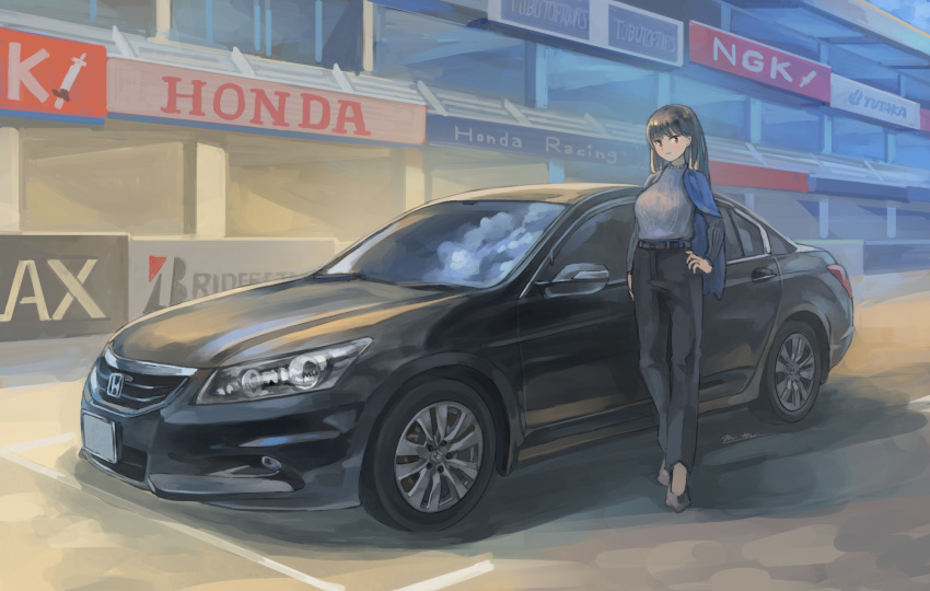 1girl bangs black_hair breasts eyebrows_visible_through_hair hand_on_hip highres honda honda_accord jacket jacket_on_shoulders large_breasts long_hair looking_to_the_side momo_hiki original personification red_eyes ribbed_sweater sweater vehicle_focus