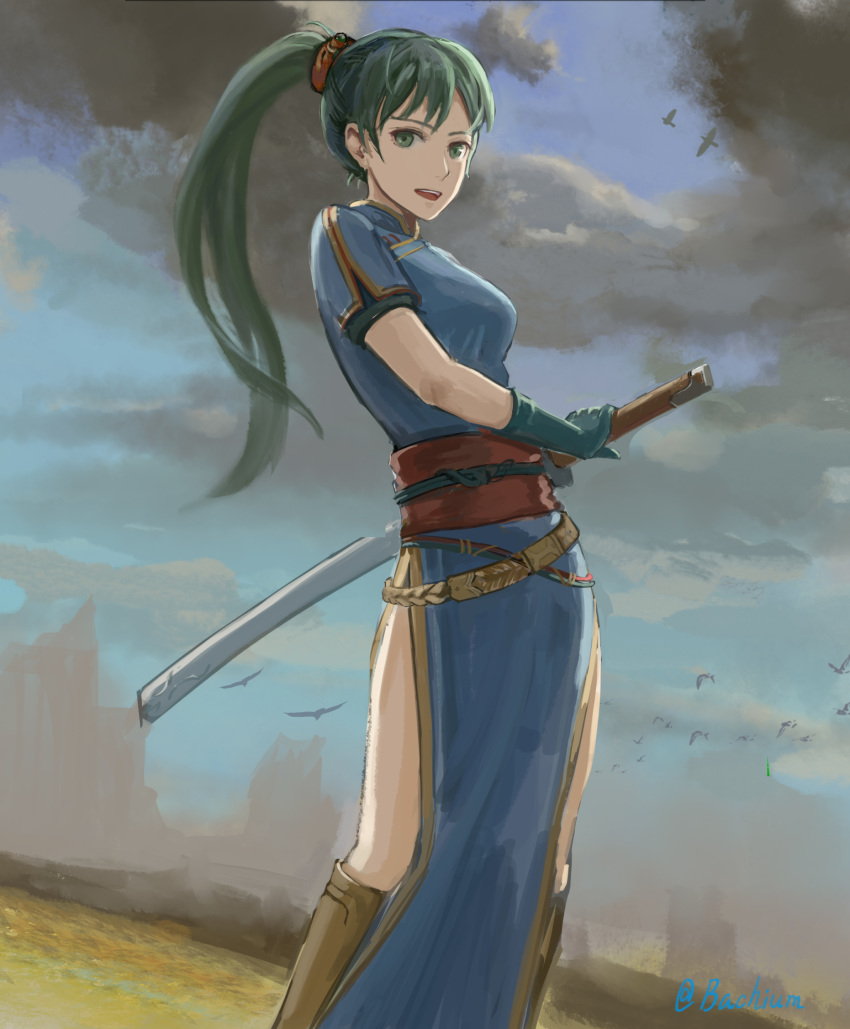 1girl absurdres bachium bird blue_dress boots dark_clouds dress fire_emblem fire_emblem:_the_blazing_blade gloves green_eyes green_hair highres katana looking_at_viewer lyn_(fire_emblem) open_mouth ponytail rope_belt sword thighs weapon