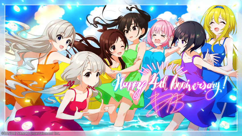 6+girls ahoge annindoufu_(oicon) anniversary aqua_dress bangs bare_shoulders black_eyes black_hair blonde_hair blue_dress blue_eyes blue_hair blunt_bangs blush bob_cut braid braided_bangs brown_hair closed_eyes collarbone commentary_request countdown dress earrings eyebrows_visible_through_hair fang green_dress grey_hair hair_over_eyes hair_ribbon hairband highres hisakawa_hayate hisakawa_nagi idolmaster idolmaster_cinderella_girls idolmaster_cinderella_girls_starlight_stage jewelry kurosaki_chitose long_hair low_twintails mole mole_under_eye multicolored_hair multiple_girls official_art one_eye_closed open_mouth orange_dress outdoors pink_hair pointing purple_dress red_dress red_ribbon ribbon sharp_teeth shirayuki_chiyo short_hair siblings sisters sleeveless sleeveless_dress smile sunazuka_akira sweatdrop teeth tsujino_akari twins twintails two-tone_hair violet_eyes wading water wavy_mouth yellow_dress yumemi_riamu