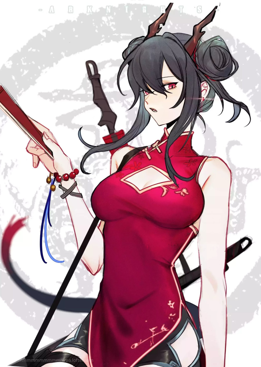1girl arknights bangs bare_arms bare_shoulders bead_bracelet beads black_shorts bracelet breasts ch'en_(arknights) china_dress chinese_clothes chinese_commentary cleavage_cutout commentary_request copyright_name double_bun dragon_horns dress grey_hair hair_between_eyes hand_up highres holding horns jewelry long_hair looking_at_viewer medium_breasts open_mouth red_dress red_eyes shorts sleeveless sleeveless_dress solo tail ting_(machi_nakahara) upper_body