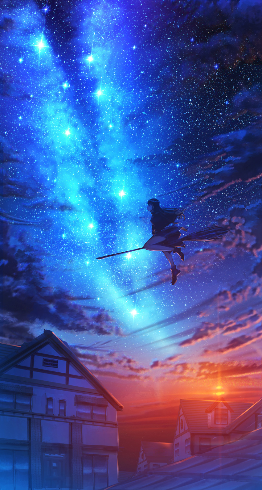 1girl absurdres bangs bare_legs black_hair black_jacket black_skirt blunt_bangs broom broom_riding building closed_mouth clouds constellation evening highres house jacket kenzo_093 lens_flare night night_sky original outstretched_arm pleated_skirt rooftop scenery school_uniform skirt sky solo star_(sky) starry_sky sun sunset window
