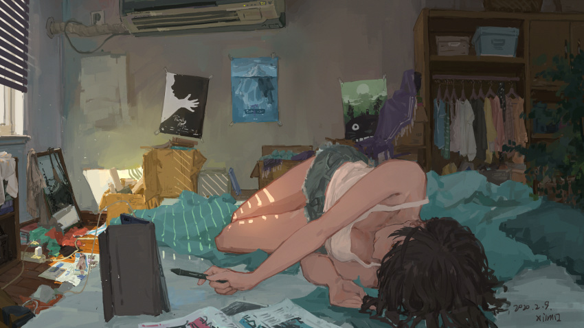1girl air_conditioner black_hair blanket blinds box brown_eyes cardboard_box charger clothes_hanger denim denim_shorts highres lying original painting_(object) poster_(object) shirt short_shorts shorts stylus tablet_pc tagme white_shirt window xilmo
