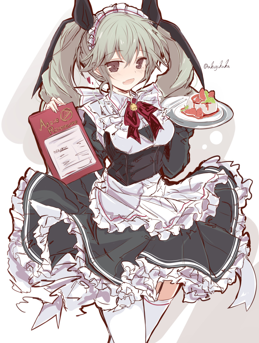 1girl :d alternate_costume anchovy_(girls_und_panzer) apron bangs bell black_dress black_ribbon bow collared_dress commentary cowboy_shot dessert dress drill_hair eyebrows_visible_through_hair fang food frilled_dress frills fruit garter_straps getsumen_suibaku_ver._a(c) girls_und_panzer green_hair hair_ribbon heart highres holding holding_menu holding_plate italian_text long_hair long_sleeves looking_at_viewer menu open_mouth plate red_bow red_eyes red_neckwear ribbon short_dress sketch skin_fang smile solo standing strawberry thigh-highs translated twin_drills twintails twitter_username waist_apron waitress white_apron white_legwear