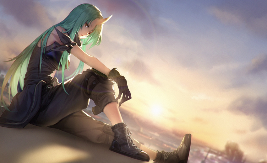 1girl arknights arm_on_knee armband armor black_footwear black_gloves black_pants black_shirt blurry blurry_background boots breastplate breasts chinese_commentary closed_mouth clothes_around_waist clouds cloudy_sky dawn dutch_angle expressionless full_body gloves green_hair horns hoshiguma_(arknights) jacket_around_waist lens_flare lips long_hair looking_at_viewer medium_breasts oni_horns orange_eyes outdoors pants shirt sitting sky sleeveless sleeveless_shirt solo straight_hair sun sunrise turtleneck zenghuimin