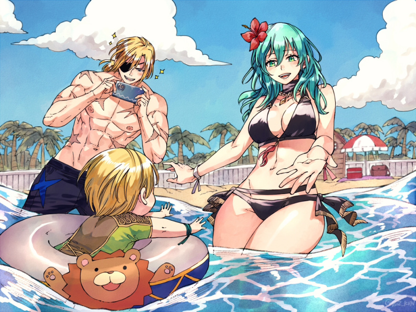 1girl 2boys abs beach bikini black_bikini blonde_hair blue_sky blush breasts byleth_(fire_emblem) byleth_eisner_(female) clouds day dimitri_alexandre_blaiddyd eyepatch family female_my_unit_(fire_emblem:_three_houses) female_swimwear fire_emblem fire_emblem:_three_houses fire_emblem:_three_houses fire_emblem_16 flower green_eyes green_hair hair_flower hair_ornament happy if_they_mated innertube intelligent_systems lion male_swimwear multiple_boys my_unit_(fire_emblem:_three_houses) nintendo outdoors outstretched_arms partially_submerged phone reaching_out rusky scar sky smile summer super_smash_bros. swim_trunks swimming swimsuit swimwear