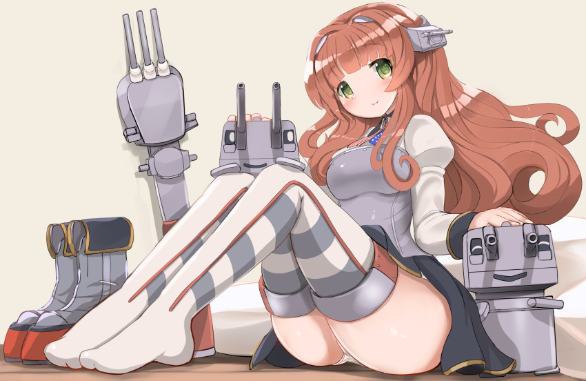 1girl adapted_turret american_flag_neckwear boots_removed breasts brown_hair brown_skirt browning_auto_5 green_eyes headgear helena_(kantai_collection) highres kantai_collection long_hair long_sleeves medium_breasts redundant-cat shirt sitting skirt smile solo thigh-highs white_legwear white_shirt
