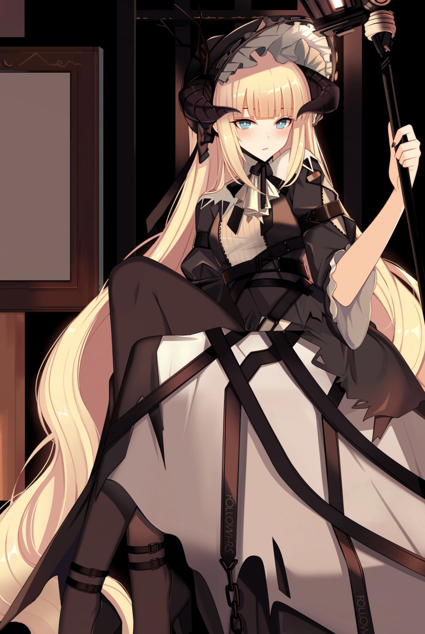 1girl absurdres arknights ateoyh bangs black_dress black_legwear black_nails blue_eyes blush bonnet chinese_commentary commentary_request dress feet_out_of_frame frills highres holding holding_staff horns long_hair looking_at_viewer nail_polish nightingale_(arknights) pantyhose partial_commentary short_sleeves silver_hair sitting solo staff very_long_hair