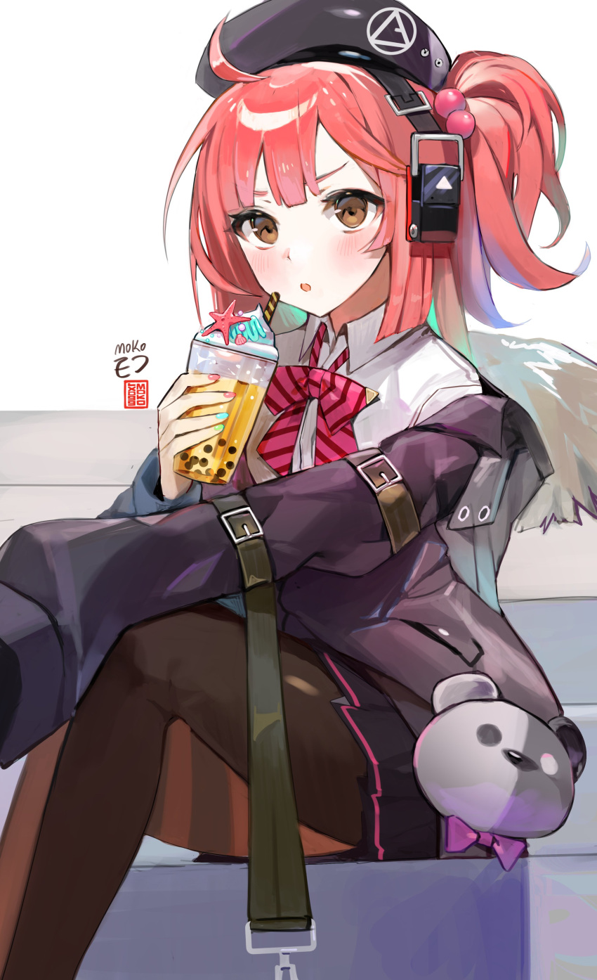 1girl absurdres ahoge bangs beret blush bow bowtie brown_eyes bubble_tea collared_shirt cup drinking_straw ear_protection fur_trim girls_frontline hair_bobbles hair_ornament hat highres holding holding_cup jacket long_hair long_sleeves looking_at_viewer moko_(moko/moko) mp7_(girls_frontline) nail_polish off_shoulder open_mouth pantyhose pink_hair pleated_skirt ponytail redhead shirt signature sitting skirt solo white_shirt