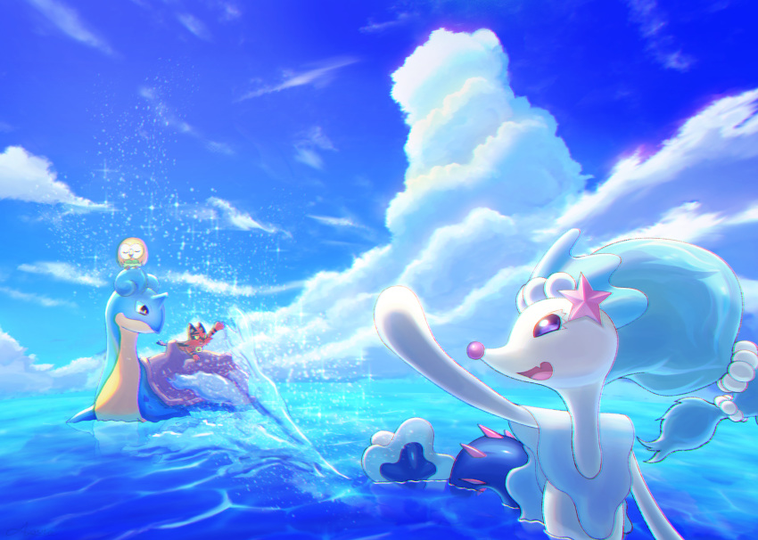 :d aoiro closed_eyes clouds commentary_request day fang gen_1_pokemon gen_7_pokemon happy highres lapras looking_back open_mouth outdoors pokemon pokemon_(creature) primarina rowlet skin_fang sky smile splashing swimming tongue torracat water