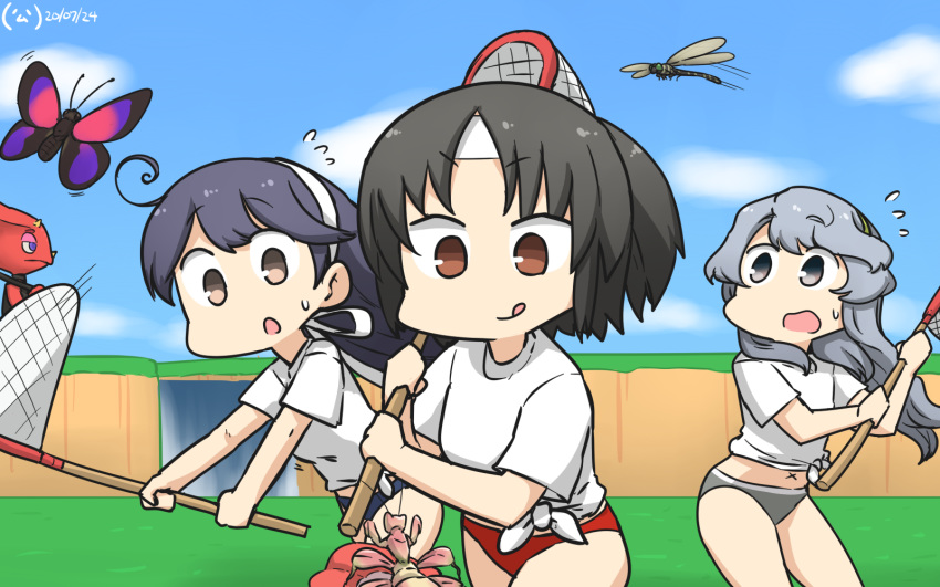 ahoge bikini bikini_bottom black_hair blue_sky brown_eyes bug butterfly butterfly_net character_request clouds commentary_request cowboy_shot crossover dated day doubutsu_no_mori dragonfly green_hairband grey_eyes grey_hair hairband hamu_koutarou hand_net headband highres insect kantai_collection long_hair nagara_(kantai_collection) one_side_up outdoors praying_mantis shirt short_hair sky swimsuit t-shirt tied_shirt tongue tongue_out ushio_(kantai_collection) white_shirt x_navel yamagumo_(kantai_collection)