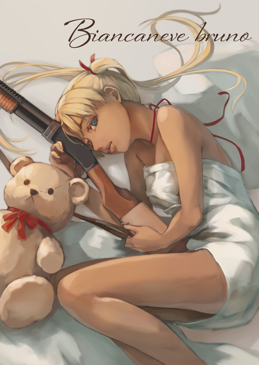 1girl absurdres bangs bare_shoulders bed_sheet blonde_hair blue_eyes commentary_request dark_skin firearm foge gun gunslinger_girl highres holding holding_weapon italian_commentary italian_text knees_up legs long_hair looking_at_viewer lying naked_towel neck_ribbon on_bed on_side parted_lips red_ribbon ribbon shotgun solo stuffed_animal stuffed_toy teddy_bear towel translation_request triela twintails weapon winchester_model_1897