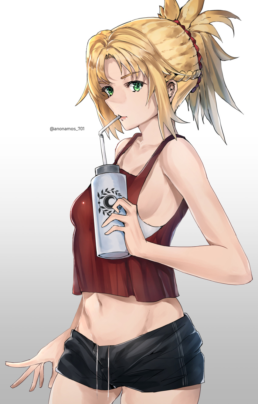 1girl anonamos armpits bare_arms bare_shoulders black_shorts blonde_hair bottle braid breasts cowboy_shot crop_top drawstring drinking_straw fate/grand_order fate_(series) gradient gradient_background green_eyes groin highres holding long_hair looking_at_viewer midriff mordred_(fate) mordred_(fate)_(all) navel ponytail red_shirt shirt short_shorts shorts sleeveless sleeveless_shirt small_breasts solo