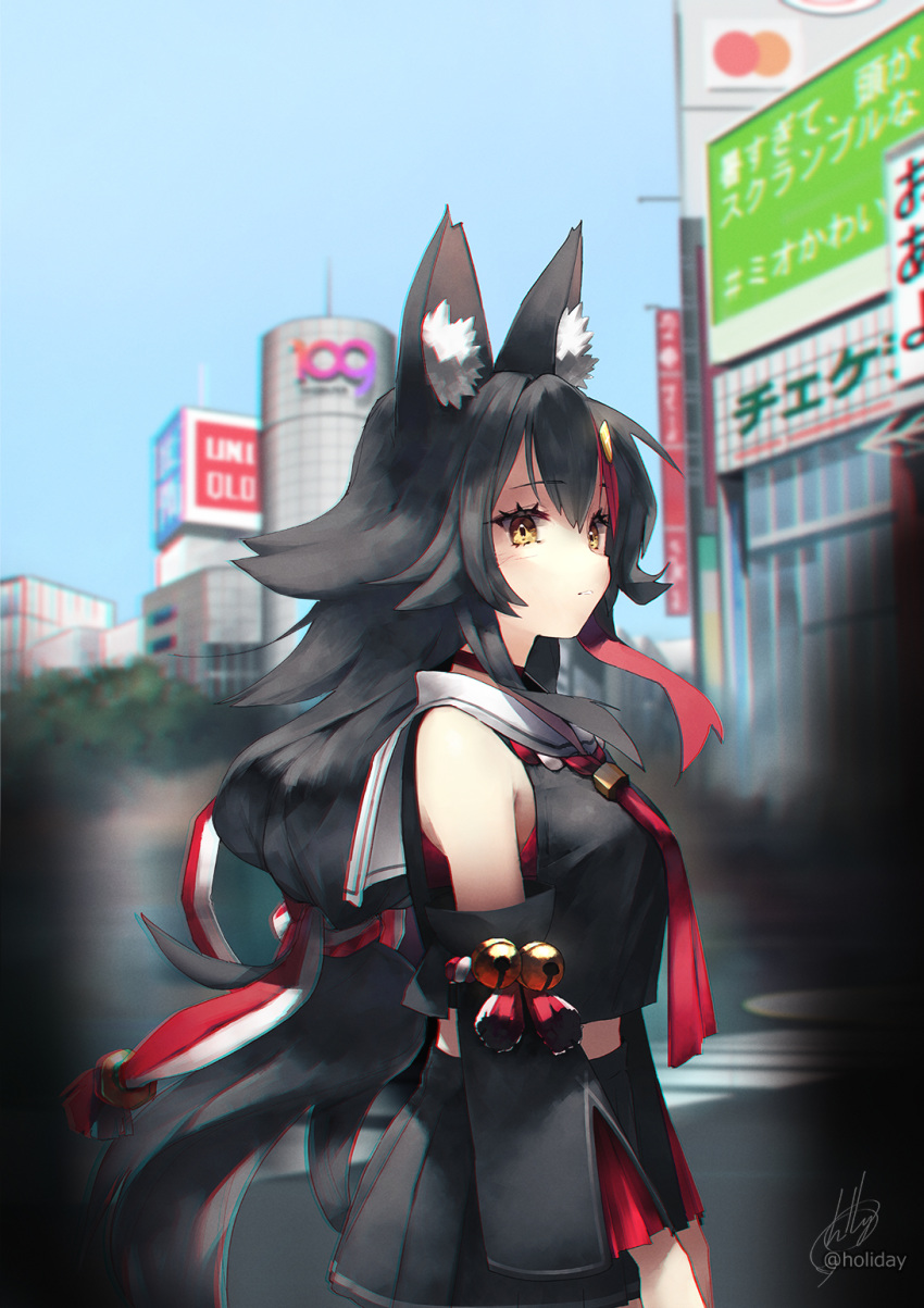 1girl animal_ear_fluff animal_ears artist_name bell black_hair black_shirt black_skirt blue_sky breasts choker city commentary cowboy_shot day detached_sleeves eyebrows_visible_through_hair eyelashes hair_between_eyes hair_ornament highres hololive kouhaku_nawa long_hair looking_at_viewer medium_breasts midriff miniskirt multicolored_hair no_tail ookami_mio outdoors pleated_skirt real_world_location red_choker red_neckwear redhead sailor_collar shibuya_(tokyo) shibuya_109 shirt signature skirt sky solo streaked_hair sumi_(oyasumie) two-tone_hair uniqlo virtual_youtuber wolf_ears yellow_eyes