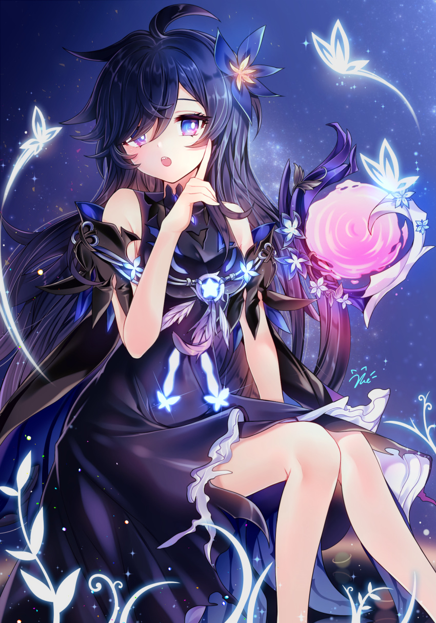 1girl :o ahoge bangs bare_shoulders black_cape black_dress black_hair blue_cape blue_flower breastplate cape commentary_request dress elsword flower hair_flower hair_ornament hair_over_one_eye hand_up highres index_finger_raised laby_(elsword) long_hair multicolored multicolored_cape multicolored_clothes nisha_(elsword) nisha_labyrinth_(elsword) parted_lips revision sharp_teeth signature sitting sleeveless sleeveless_dress solo teeth very_long_hair violet_eyes xes_(xes_5377)