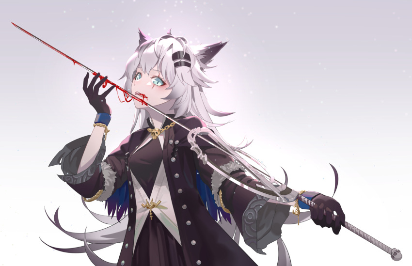 1girl alset alternate_costume animal_ears arknights bangs black_coat black_dress black_gloves blood bloody_weapon blue_eyes chain chinese_commentary coat commentary_request dress fur_trim gloves gradient gradient_background grey_background hair_ornament hairclip hand_up holding holding_sword holding_weapon lappland_(arknights) long_hair long_sleeves looking_at_viewer open_clothes open_coat scar scar_across_eye silver_hair solo sword tongue tongue_out upper_body very_long_hair weapon white_background wide_sleeves wolf_ears
