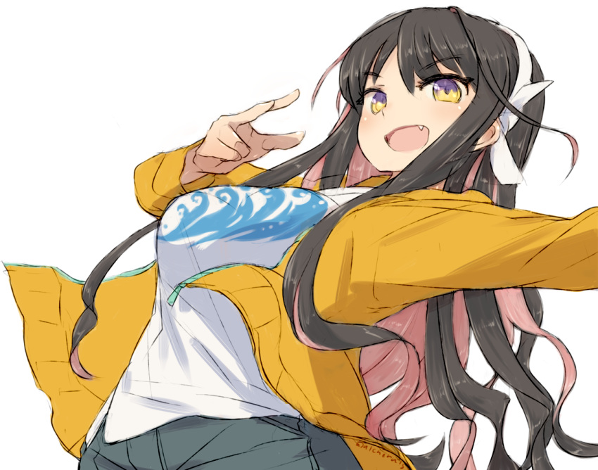 1girl alchera alternate_costume black_hair breasts casual fang grey_shorts hair_down hairband jacket kantai_collection large_breasts long_hair looking_at_viewer naganami_(kantai_collection) open_clothes open_jacket pink_hair remodel_(kantai_collection) shirt shorts simple_background smile solo white_background white_hairband white_shirt yellow_eyes yellow_jacket