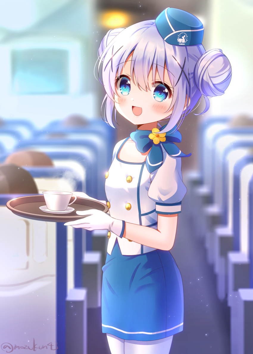 1girl :d airplane_interior bangs blue_eyes blue_hair blue_skirt blurry blurry_background bow buttons cup double-breasted double_bun eyebrows_visible_through_hair flight_attendant flower gloves gochuumon_wa_usagi_desu_ka? hair_ornament hat highres holding holding_tray kafuu_chino looking_at_viewer mozukun43 open_mouth ribbon shirt sidelocks skirt smile solo_focus standing tray twitter_username white_gloves white_legwear white_shirt x_hair_ornament