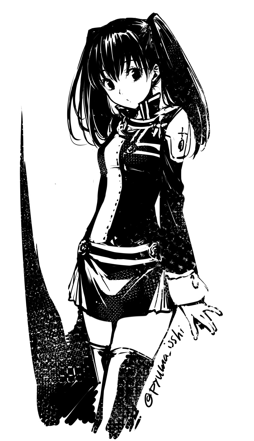 1girl absurdres bangs black_order_uniform d.gray-man greyscale hair_between_eyes highres jacket lenalee_lee long_hair long_sleeves looking_at_viewer miniskirt monochrome puma_(hyuma1219) shiny shiny_hair simple_background skirt solo thigh-highs twintails twitter_username white_background zettai_ryouiki