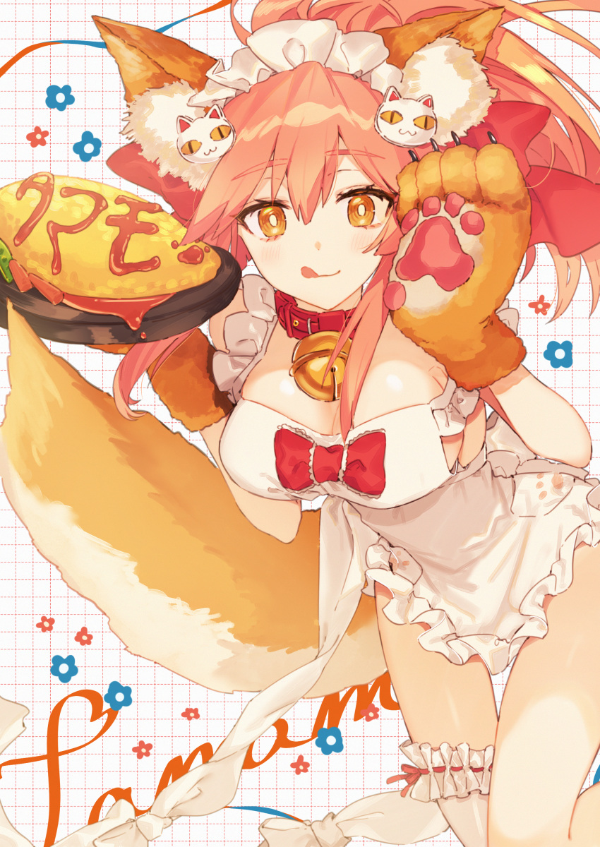 1girl absurdres animal_ear_fluff animal_ears apron bangs bare_shoulders bell bell_collar blush bow breasts cat_hair_ornament cat_paws closed_mouth collar fate/extra fate/grand_order fate_(series) food fox_ears fox_girl fox_tail gloves hair_between_eyes hair_bow hair_ornament highres jingle_bell large_breasts leaning_forward leg_garter licking_lips long_hair looking_at_viewer naked_apron omurice paw_gloves paws pink_hair plate ponytail red_bow rizu033 sidelocks smile tail tamamo_(fate)_(all) tamamo_cat_(fate) thighs tongue tongue_out yellow_eyes