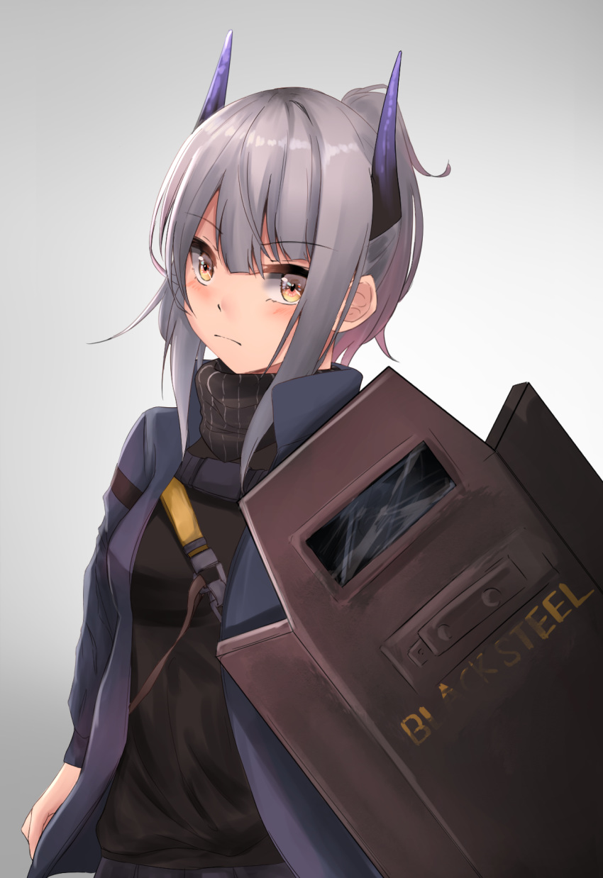 1girl arknights bangs black_shirt blue_jacket commentary eyebrows_visible_through_hair grey_background hane_(8ne_k) highres horns jacket liskarm_(arknights) long_hair long_sleeves looking_at_viewer open_clothes open_jacket shield shirt sidelocks silver_hair simple_background solo upper_body yellow_eyes