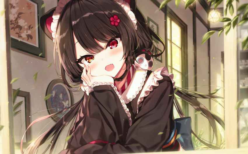 1girl :d animal_ears apron back_bow bangs black_bow black_hair black_kimono bow brown_eyes chin_rest commentary_request dog_ears dog_hair_ornament eyebrows_visible_through_hair fangs flower frilled_apron frills hair_flower hair_ornament head_tilt heterochromia indoors inui_toko japanese_clothes kimono long_hair long_sleeves looking_at_viewer low_twintails maid_headdress nijisanji obi open_mouth picture_frame red_eyes red_flower sash shinoba sleeves_past_wrists smile solo twintails upper_body very_long_hair virtual_youtuber white_apron wide_sleeves window