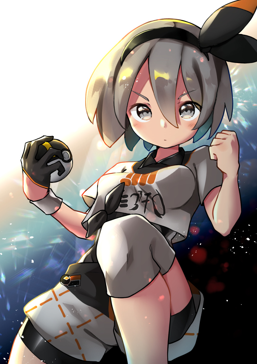 1girl black_bodysuit black_hairband blush bodysuit bodysuit_under_clothes breasts collared_shirt commentary dynamax_band gloves grey_eyes grey_hair gym_leader hair_between_eyes hairband highres holding holding_poke_ball knee_pads looking_at_viewer mamemochi poke_ball pokemon pokemon_(game) pokemon_swsh print_shirt print_shorts saitou_(pokemon) shirt short_hair short_sleeves shorts single_glove solo tied_shirt ultra_ball