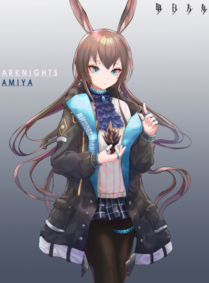 1girl absurdres amiya_(arknights) animal_ears arknights bangs black_jacket black_legwear blue_eyes blue_neckwear blue_skirt brooch brown_hair character_name commentary copyright_name cowboy_shot cravat gradient gradient_background grey_background hand_up highres holding ita_(itta) jacket jewelry long_hair long_sleeves miniskirt neck_ring off_shoulder open_clothes open_jacket originium_(arknights) pantyhose pleated_skirt rabbit_ears ring shirt skirt solo standing thighlet very_long_hair white_shirt