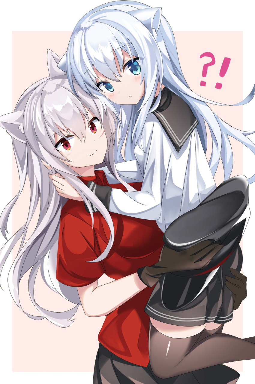 2girls animal_ear_fluff animal_ears black_gloves black_legwear black_sailor_collar black_skirt blue_eyes border carrying cat_ears dog_ears facial_scar fathom gangut_(kantai_collection) gloves grey_hair hibiki_(kantai_collection) highres kantai_collection long_hair looking_at_viewer multiple_girls pink_background pleated_skirt red_eyes red_shirt sailor_collar scar scar_on_cheek shirt silver_hair skirt thigh-highs two-tone_background verniy_(kantai_collection) white_border