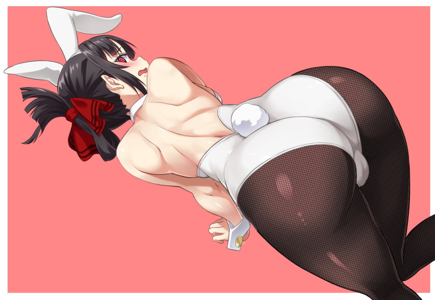 1girl @_@ animal_ears ass back bangs bare_shoulders black_hair black_legwear blush breasts detached_collar fake_animal_ears fake_tail folded_ponytail from_behind hair_ribbon highres hokkyoku_hotaru kaguya-sama_wa_kokurasetai_~tensai-tachi_no_renai_zunousen~ leotard long_hair looking_at_viewer open_mouth pantyhose parted_bangs red_eyes red_ribbon ribbon shinomiya_kaguya sidelocks simple_background solo tail white_leotard wrist_cuffs