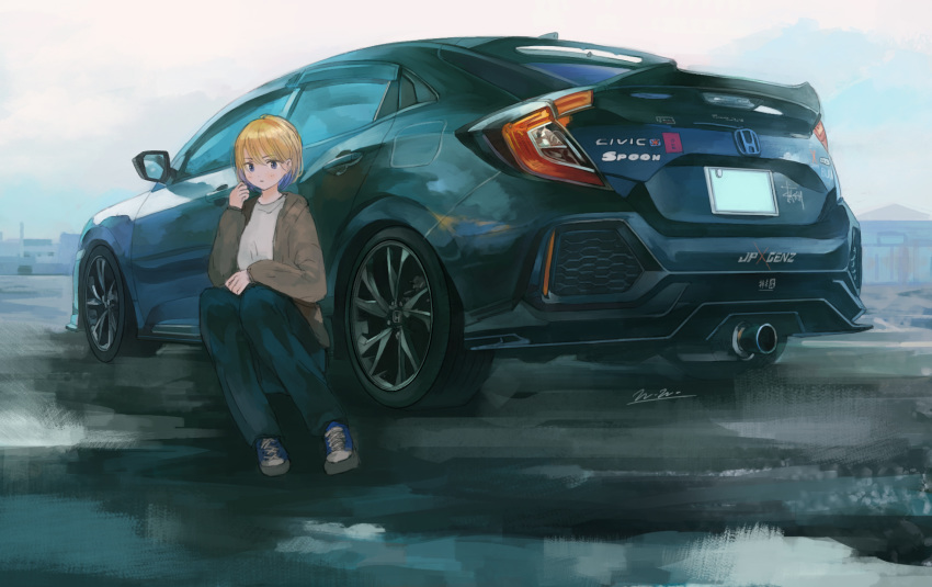 1girl blue_eyes brown_hoodie car denim ground_vehicle highres honda honda_civic jeans looking_down momo_hiki motor_vehicle orange_hair original pants personification short_hair vehicle_focus