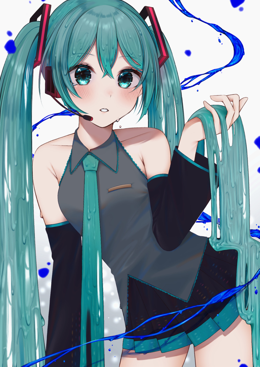 1girl bad_id bad_pixiv_id bare_shoulders black_skirt black_sleeves blush breasts collarbone commentary cowboy_shot detached_sleeves eyebrows_visible_through_hair gradient gradient_background green_eyes green_hair green_skirt hair_between_eyes hair_ornament hatsune_miku highres holding holding_hair long_hair looking_at_viewer medium_breasts melting multicolored multicolored_clothes multicolored_skirt nerua parted_lips skirt solo tagme twintails very_long_hair vocaloid wax white_background